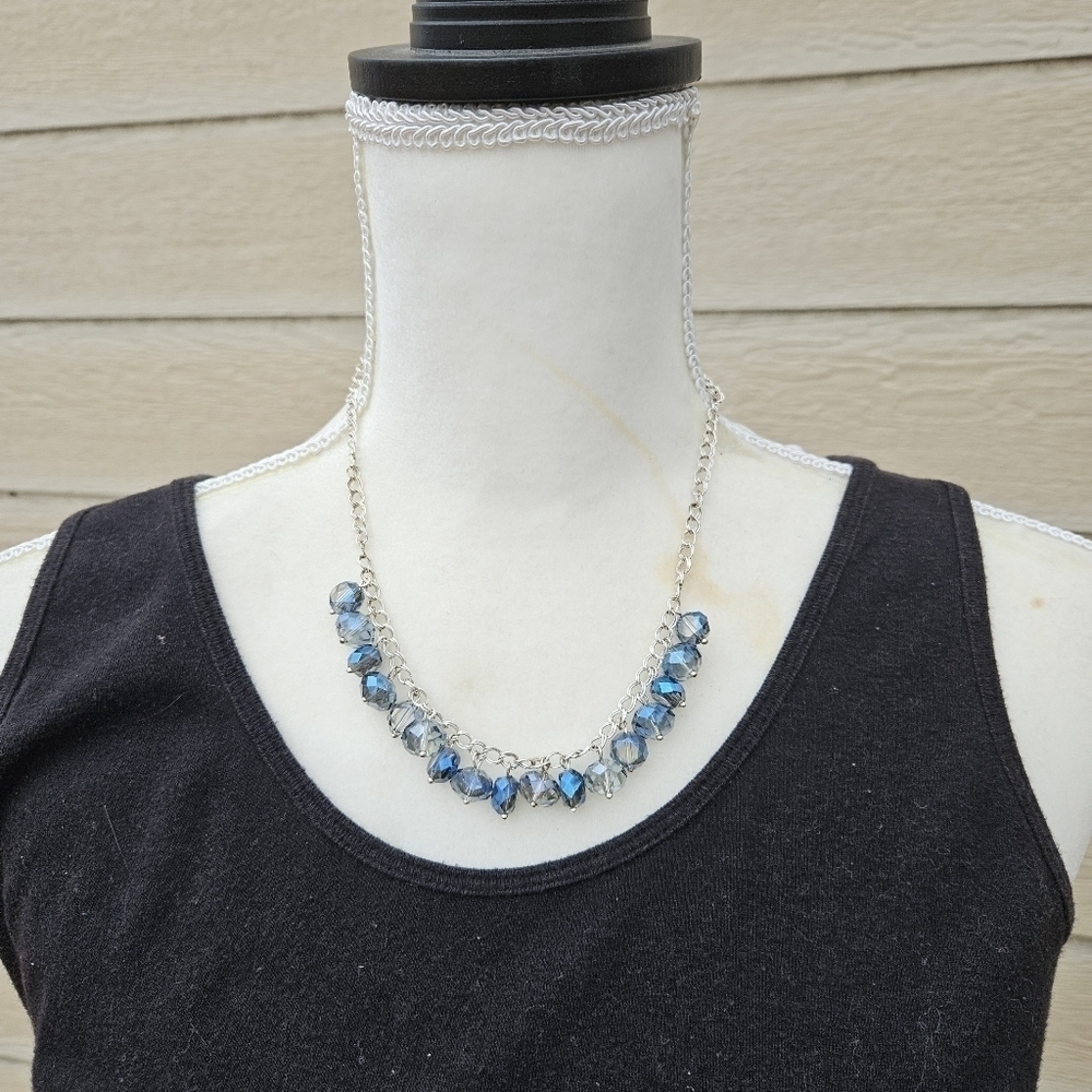 silver tone collar necklace with blue and gray AB beads